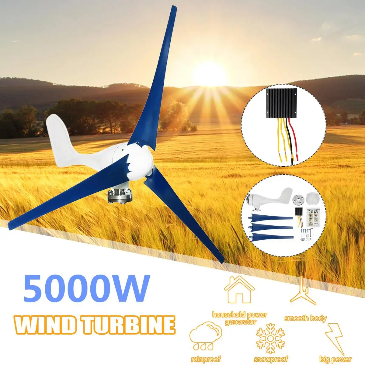 

5000W Wind Turbines Generator 12V/24V 3 Blades Horizontal Wind Generator With Controller Windmill Energy Turbines Charge