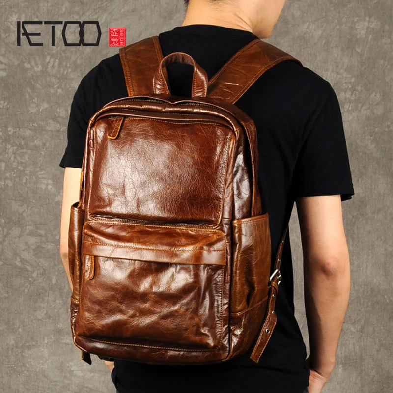 

BJYL Retro oil wax backpack male leather bag trend of Baotou leisure computer layer of leather backpack