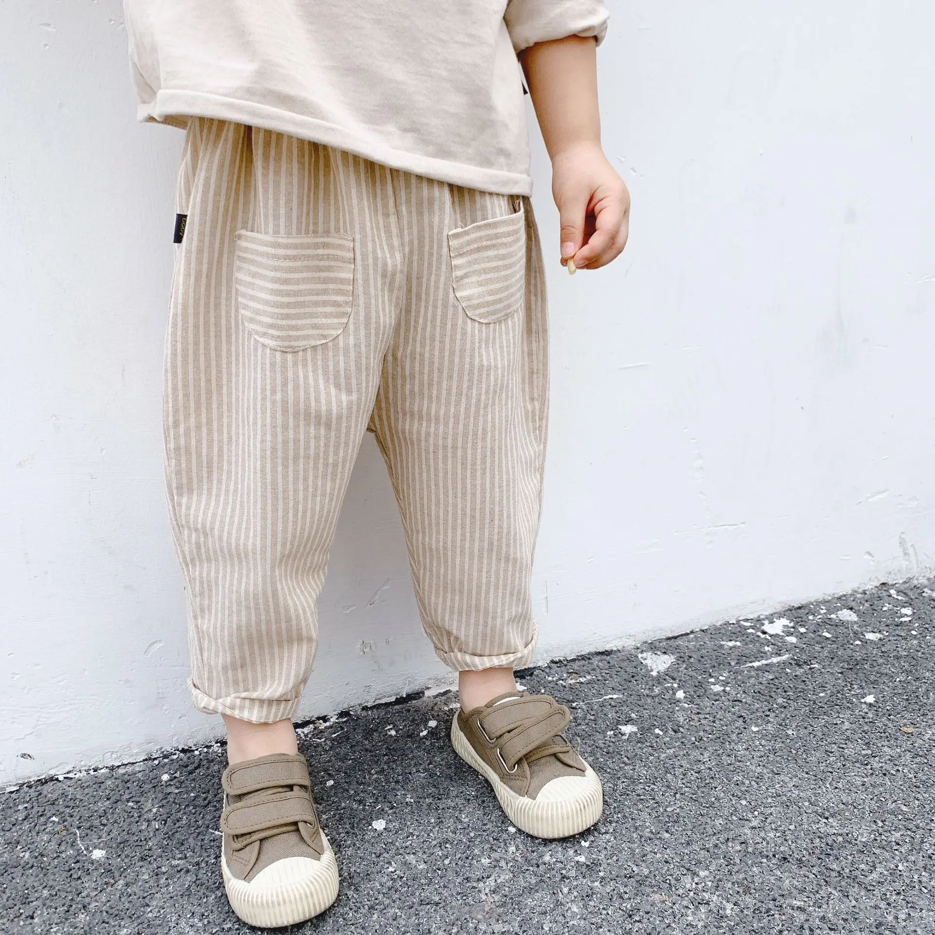 Spring Summer Kids Casual Trousers Cotton Striped Children Harem Pants Pure Color Baby Boys Girls Pants Pockets Clothes