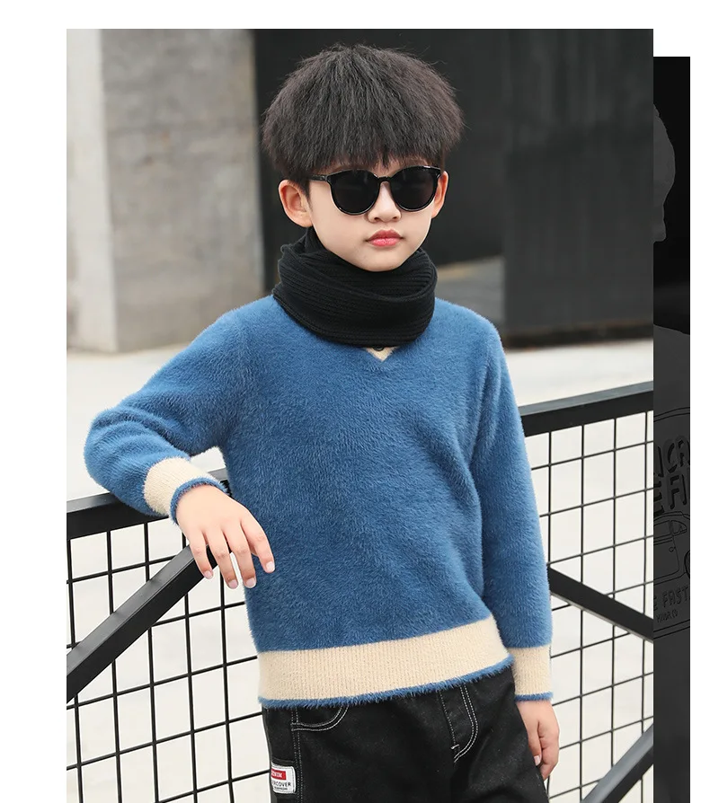 Г. Зимние Синие, темно-серые шерстяные свитера для детей; пуловеры с длинными рукавами и круглым вырезом; детский вязаный свитер; топы; одежда