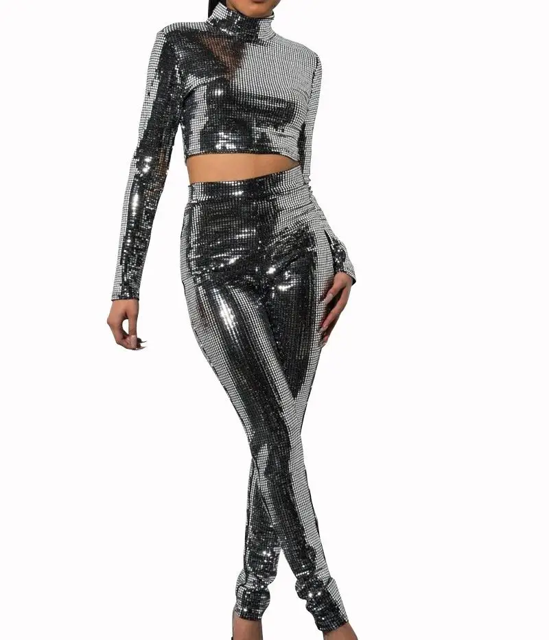 

2020 Party Suit Sexy Sequin Charming Slim Two Piece Set Bodycon Long Pencil Pants Chic Streetwear Fancy Turtleneck Lady Clothes