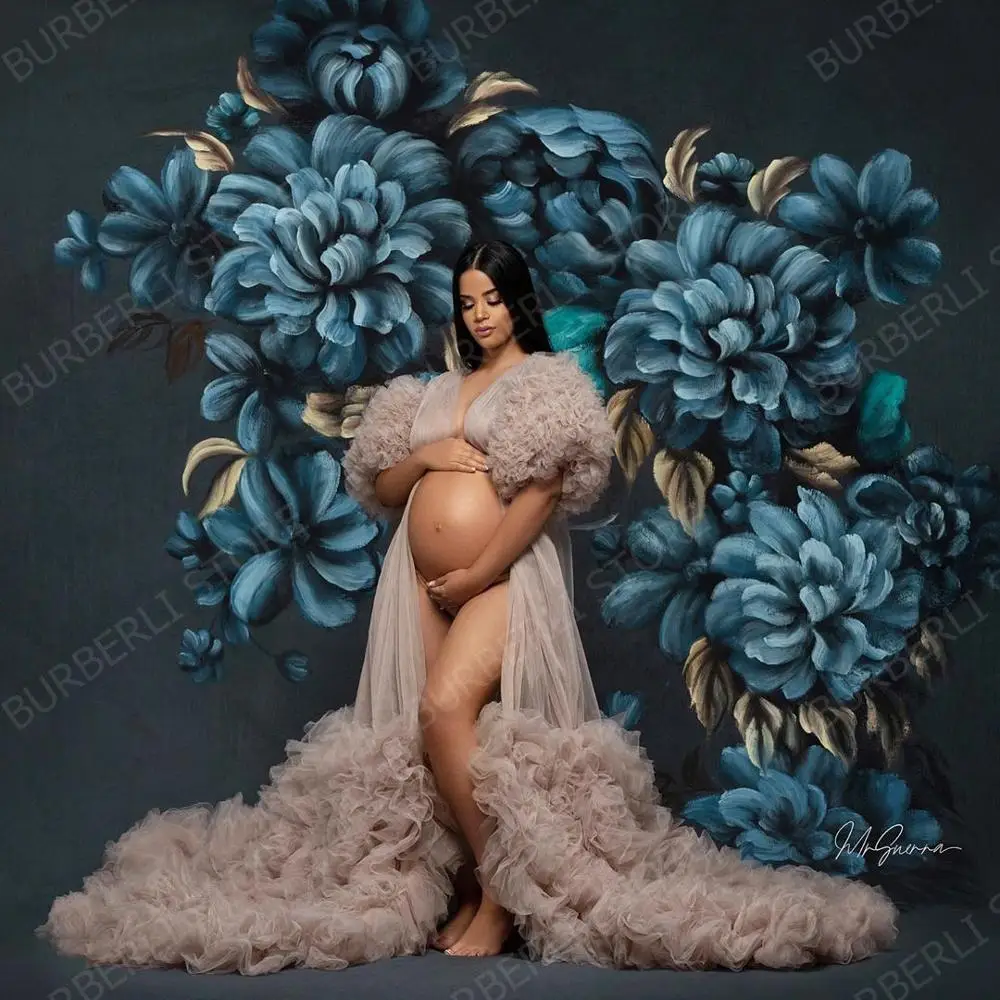 Unique Tulle Maternity Robes Women Sheer Long Maxi