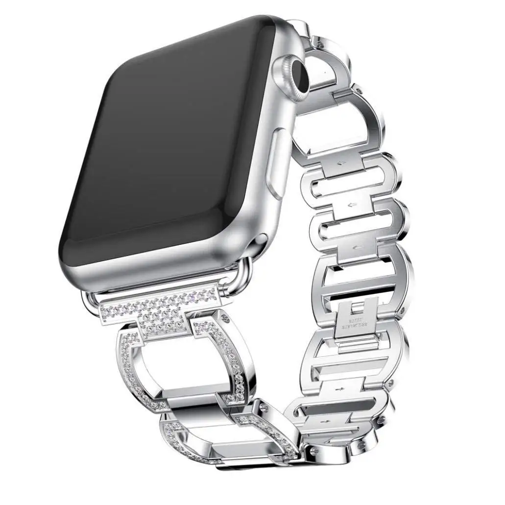 Ремешок из нержавеющей стали для Apple Watch Band горный хрусталь алмазный обруч 38 мм 42 мм серия для Apple Watch 40 мм 44 мм серия 4 - Цвет ремешка: Серебристый