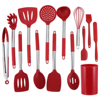 

Kitchen Cooking Tools Accessories Cookware Parts 14Pcs Red Silicone Kitchenware Kit Non‑Stick Cooking Utensils with Storage