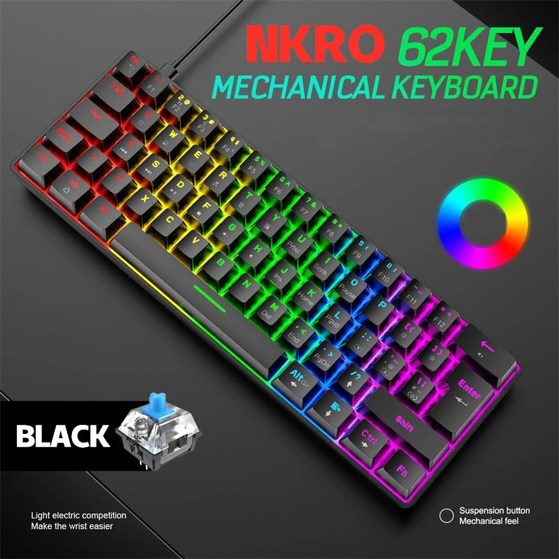Teclado mecánico T60 de 62 teclas NKRO 18, retroiluminación tipo C con cable USB, impermeable, ABS, para teclado de 60% Juegos de PC