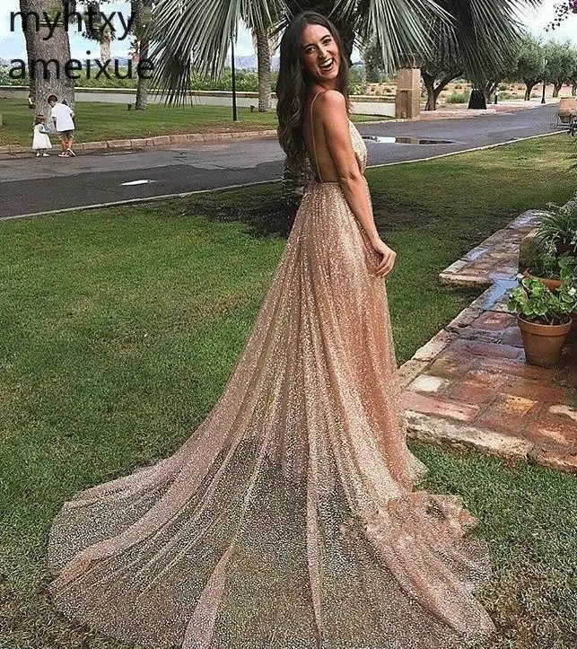 2021 New Hot Arrival Sleeveless V-neck Plus Size Evening Dresses Floor-length Sweep Train A-line Natural Sequin Spaghetti Strap vintage prom dresses