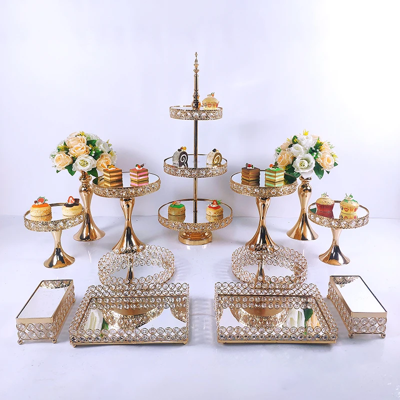 

3pcs-13pcs Cake Stand Set Beautiful Tray 3 Tier Gold Cupcake Dessert Display Decoration Tools Wedding Crystal Acrylic Mirror