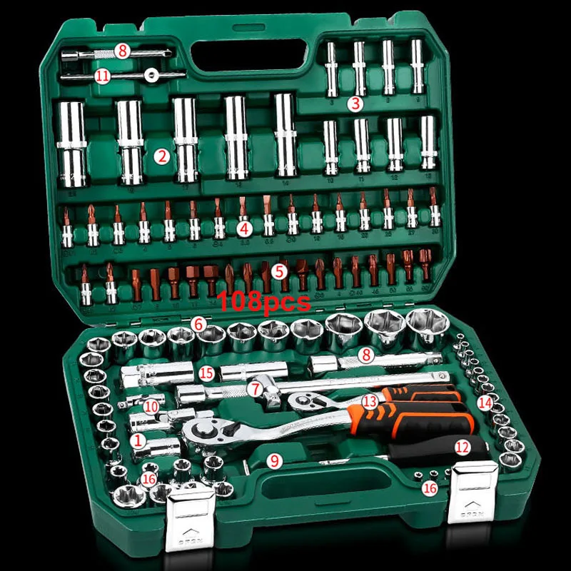 108pcs set Набор ручных инструментов, универсальный бытовой Автомобильный ремонтный набор инструментов с пластиковым ящиком для инструментов, чехол для хранения, торцевой ключ, отвертка - Цвет: 108pcs set