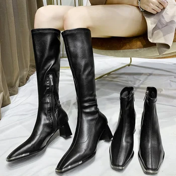 

2020 Winter Luxury Women Thigh High Long Boots 5cm Chunkly High Heels Knee High Boots Square Toe Soft Leather Boots Party Shoes