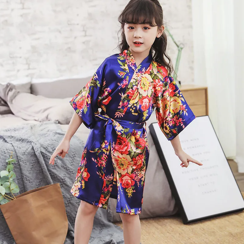 High Quality Kids Girls Print Bathrobe Thin Breathable Satin Smooth Night-robe with Belt for Summer - Цвет: navy blue