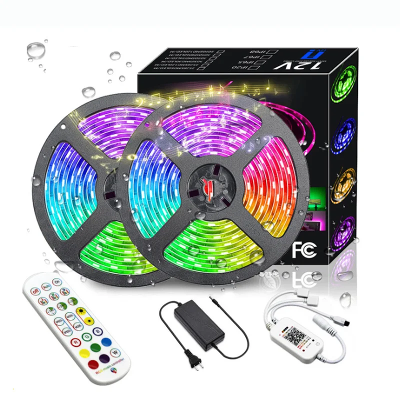 

5m10m LED Light Bar RGB5050 Colorful Light Bar Epoxy Waterproof Smart Bluetooth Music Light Band 24 Key Remote Control + Adapter