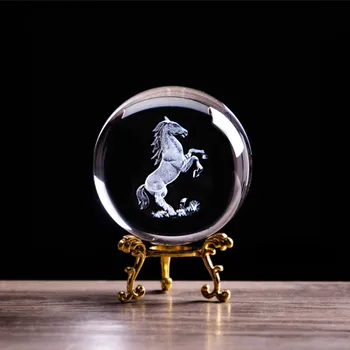 

Zodiac Horse Figurines Ornament 3D Laser Engraved Animal Crystal Glass Ball Paperweight Feng Shui Art Collectible for Home Decor