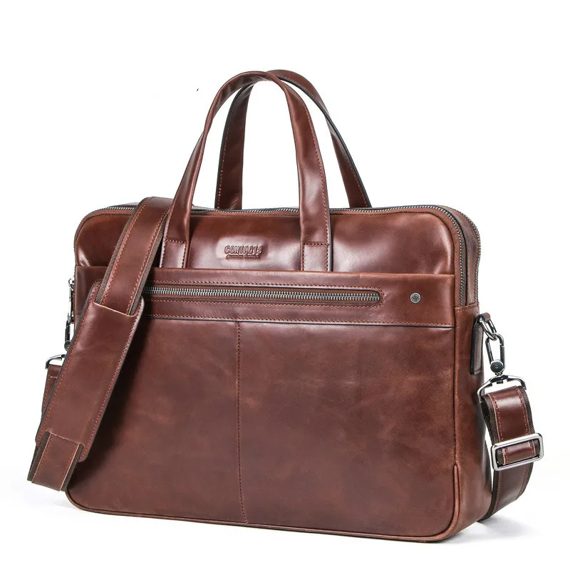 

Men's leather briefcase leather handbag can be equipped with 14-inch computer multi-functional one-shoulder oblique straddle bag