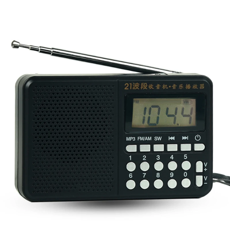 Black Портативный радио FM/AM/SW 21 полосы Цифровая клавиша выбора Мини Телескопическая антенна карманы MP3 TF USB приемник Динамик на открытом воздухе - Цвет: Black