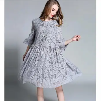 

Solid Color Plus Size Hollow Out Lace Dress 2020 Spring Fashion Round Neck Seven Point Sleeve Lace Female Mid Length Loose Dress