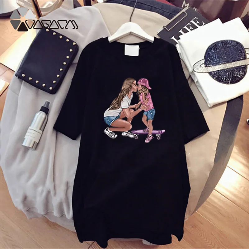 2021 Women Cartoon Print Dresses Mom and Kids Short Sleeve Mini Dress Loose Straight T-Shirt Robe Femme Casual Vestidos Kawaii