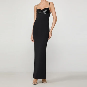 

Sequined Long Dress Sexy Spaghetti Strap Bodycon Vestidos New Arrivals Women Knitted Celebrity Evening Party Club Dresses