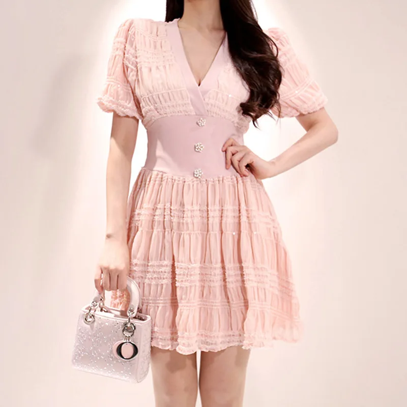 

2019 New Style WOMEN'S Dress V-neck Puff Sleeve Waist Hugging Slimming Sheath Dress