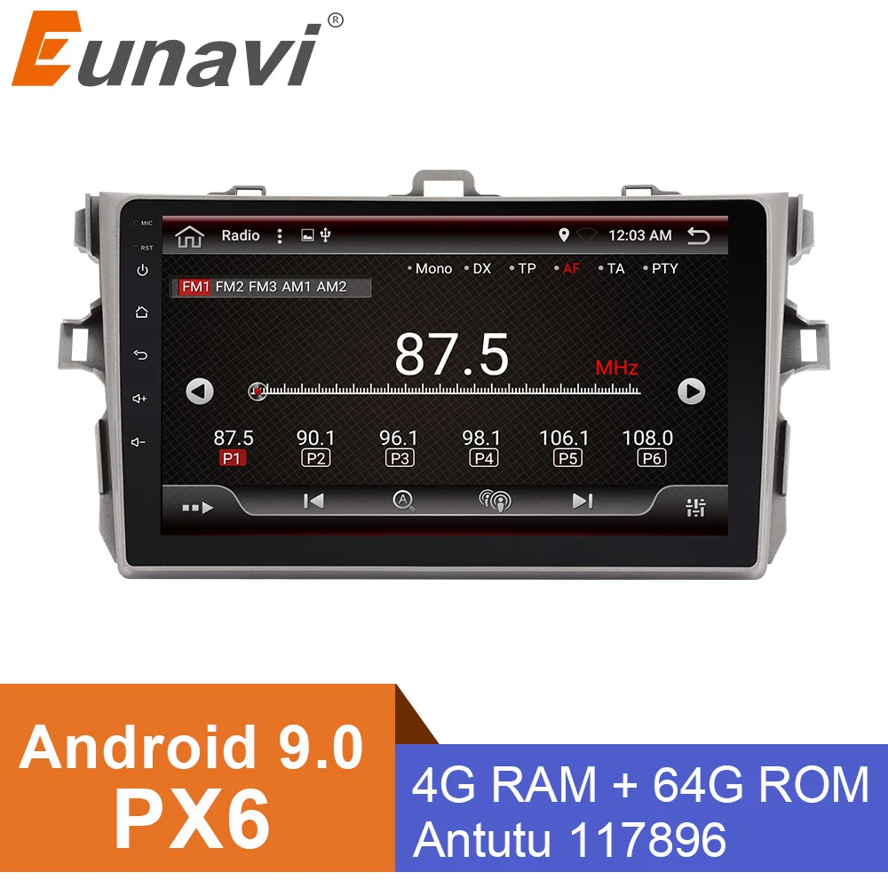 Автомагнитола Eunavi Px6 8 ядер Android 9 0 4 Гб + 32 ГБ для Toyota Corolla E140/150 2007