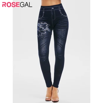 

ROSEGAL Flower Print Skinny High Waisted 3D Jeggings Denim Dark Blue Color Women'S Bottoms Fall Winter Daily Streetwear Leggings