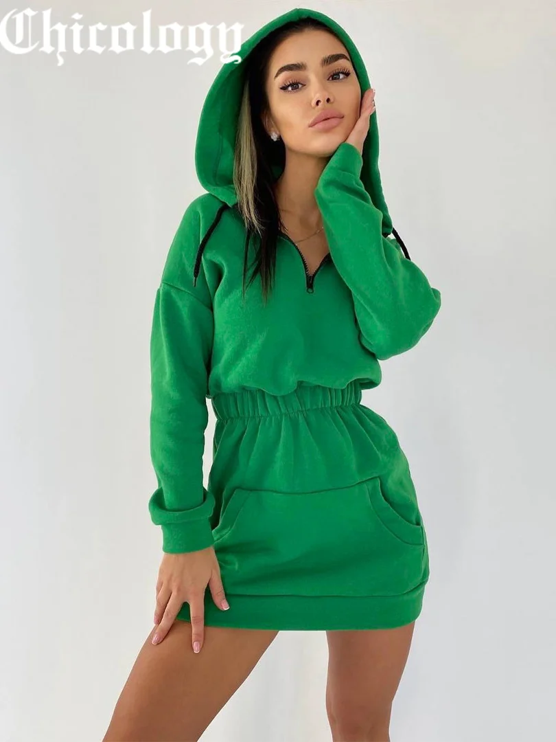 &quotChicology 2021 Summer Fall Solid Hooded Long Sleeve Patchwork Kangaroo Pocket Sexy Women Skinny Mini Dress Streetwear Outfits &quot |