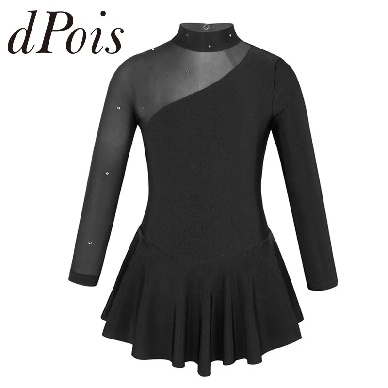 

Kids Girls Long Sleeves See Through Tulle Splice Cutouts Back Figure Ice Roller Skating Ballet Dance Gymnastics Leotard Dress