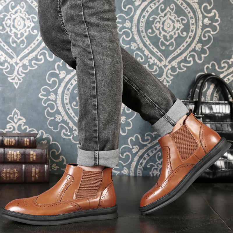 

2020 Winter Men's Boots England Pointed-Toe Bullock Varved Korean-style Chelsea Leather Boot MEN'S SHOES Trendy Shoes Martin Boo