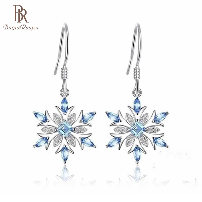 Bague Ringen Серебро 925 серьги для женщин Подвески Серьги Женские Ювелирные Украшения Аквамарин Снежинка ушные