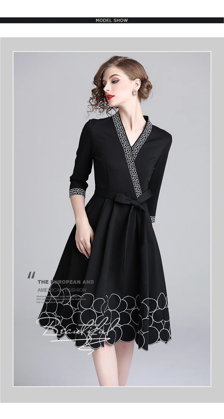 Осеннее платье с v-образным вырезом и вышивкой; черное платье; Vestido Invierno Mujer; ; женские вечерние платья средней длины для офиса; Femme Dames Jurken