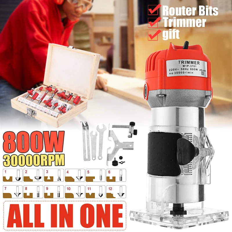 800W 30000RPM Woodworking Electric Trimmer Wood Laminate Router 6.35mm Small Copper Motor Carving Machine Woodworking DIY Tools