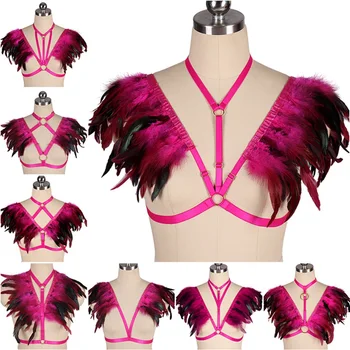 

Feather Harness Bralette Crop Tops Epaulettes Shoulder Wings Steampunk Goth Fetish Exotic Festival BurningMan Plus Size Cage Bra