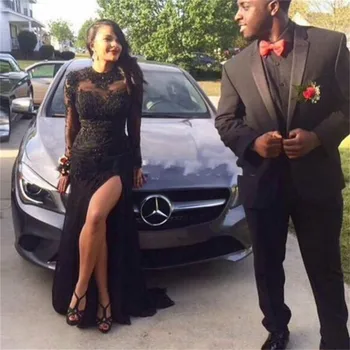 

Elegant Mermaid Lace Appliques Long Sleeves Black Girls Prom Dresses Sexy Split Side Women Evening Party Gowns Formal Long