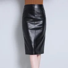 Женская юбка из натуральной кожи, настоящая натуральная кожа, высокая талия, черная Офисная Женская одежда, рабочая одежда, юбки-карандаш средней длины размера плюс 4XL