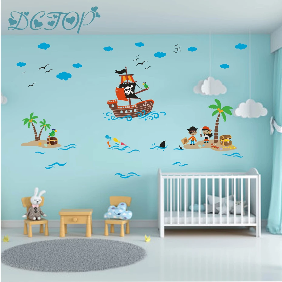 Personalised Childrens Pirate Island Wall Art Vinyl Stickers Bedroom Mural Decal