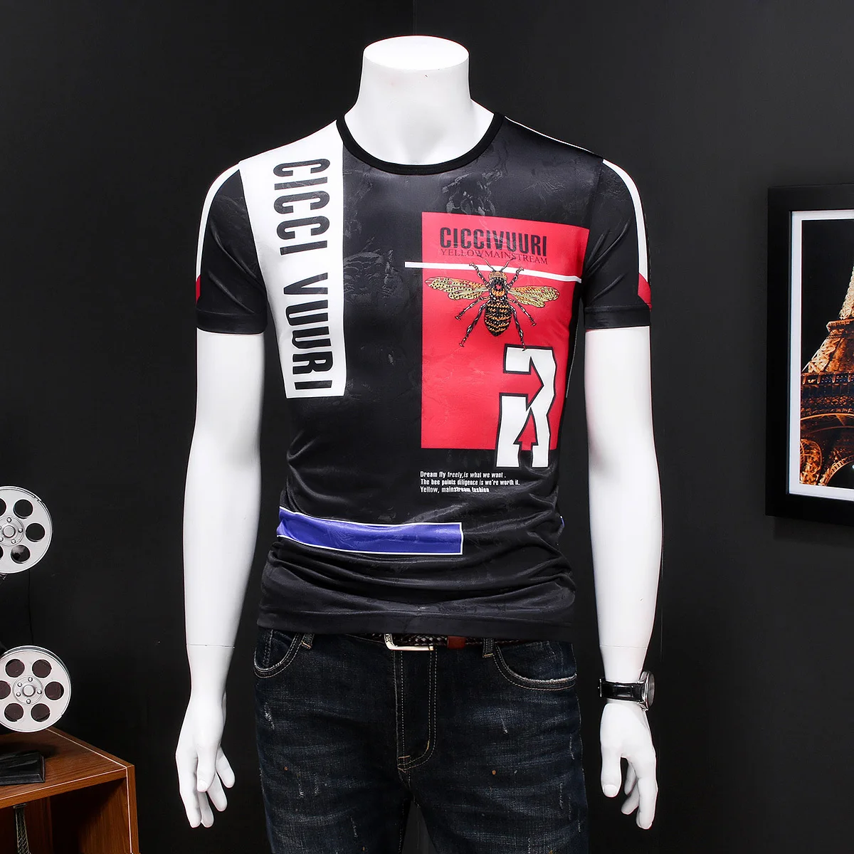 Мужская футболка с принтом ассиметричная манги корты контрастные цвета Camiseta