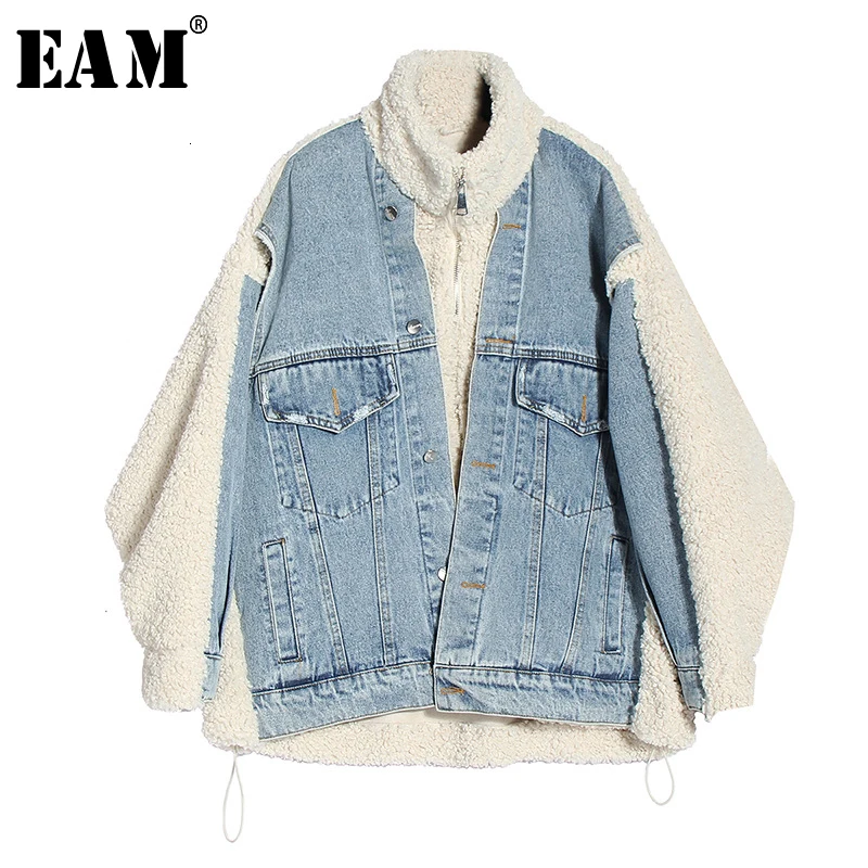 

[EAM] Loose Fit Lambswool Big Size Jacket New Stand Collar Long Sleeve Women Coat Fashion Tide Autumn Winter 2020 19A-a778