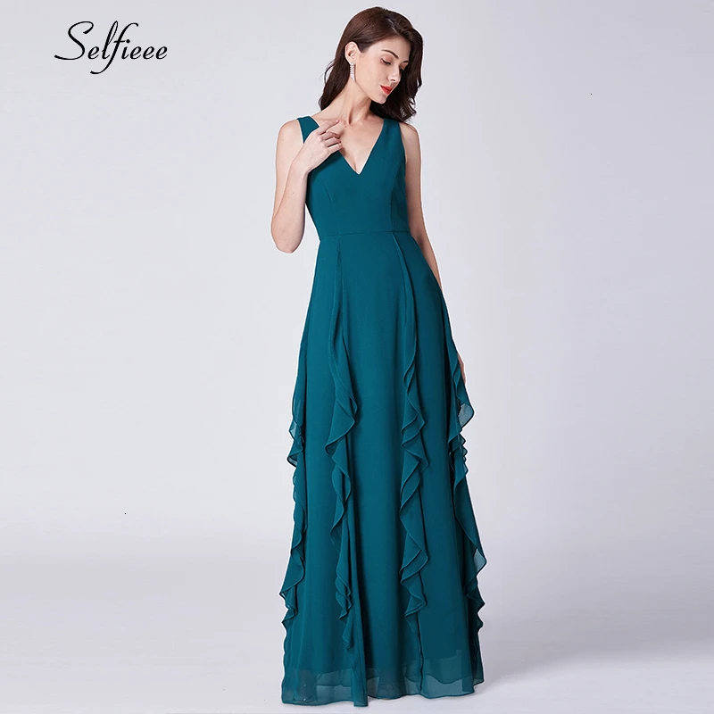 

Teal Ruffle Boho Dress A-Line Double V-Neck Sleeveless Cheap Chiffon Maxi Dress Elegant Women Summer Party Dress Lange Jurken