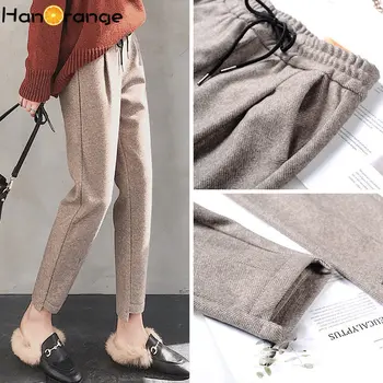 

Winter Thicken Vintage Woolen Pencil Pants 2020 Women High Waist Ankle Length Elastic Wasit Casual Pants