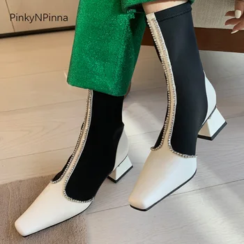 

Luxury women cowhide stretchy lycra fabric soft ankle boots chunky high heels crystals shining party dress booties office shoes