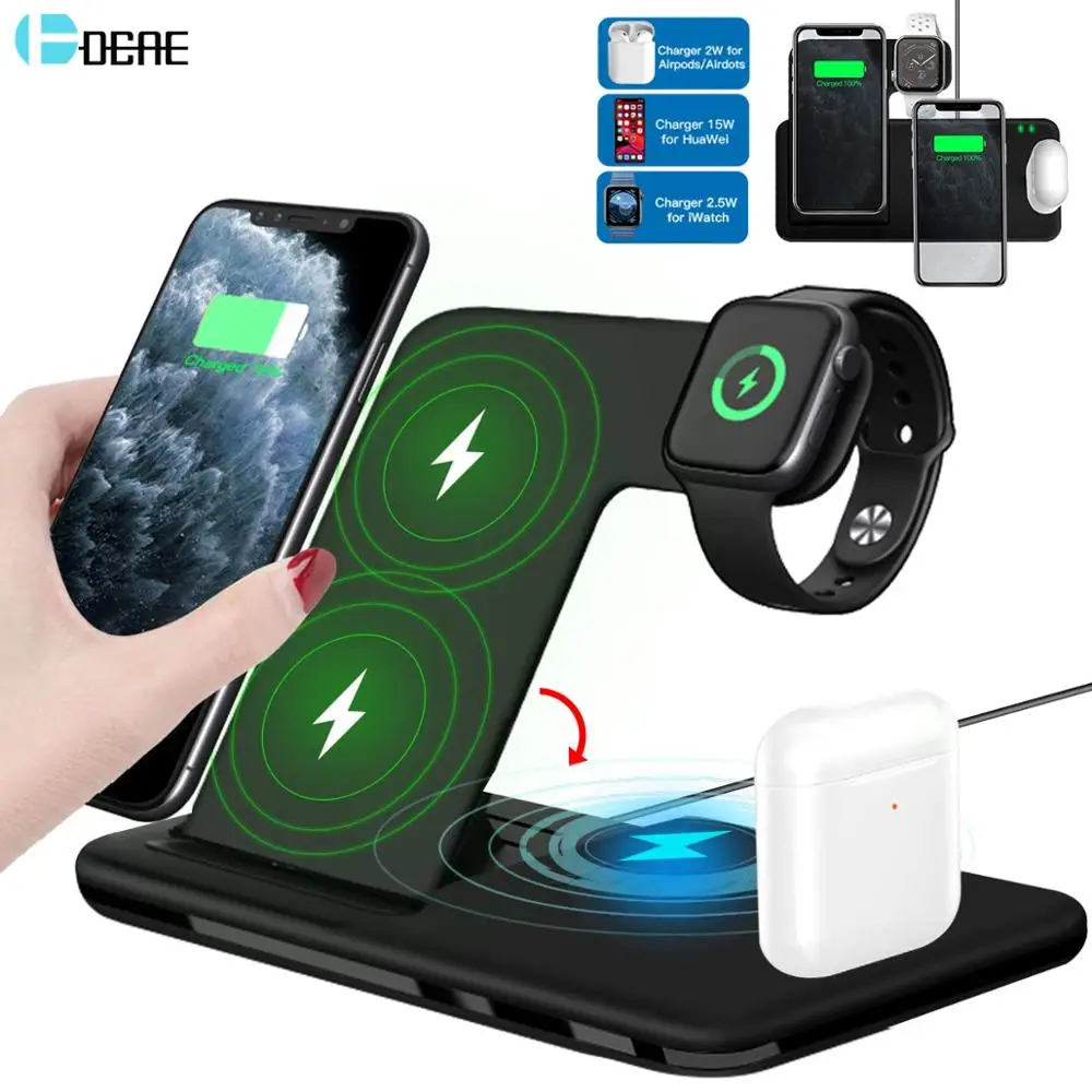 15W Qi Fast Wireless Charger Stand For iPhone 11 12 X 8 Apple Watch 4 in 1 Foldable Charging Dock Station for Airpods Pro iWatch 1
