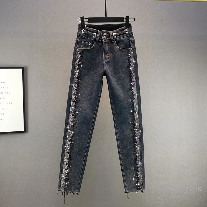 

Winter Blue Jeans for Women Heavy Embroidery Hot Drilling New Elastic Slim Fit High Waist Thin Velvet Skinny Denim Pants Lady