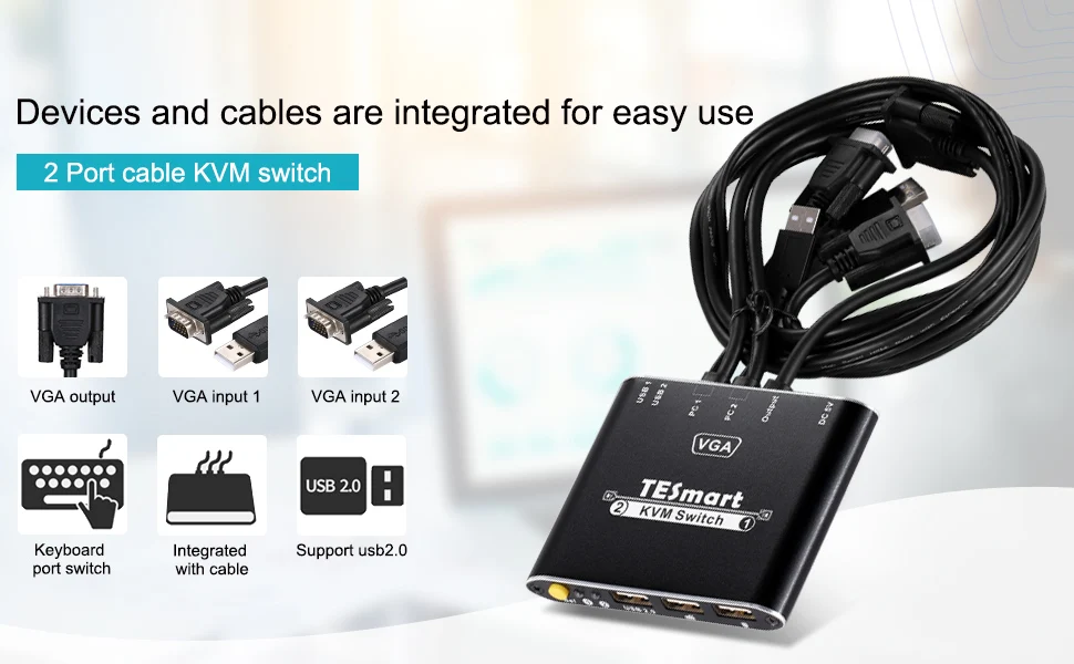 VGA KVM коммутатор 2 порта с кабелями KVM 2 порта VGA коммутатор 2x1 Sup порты 1080 p@ 60 Гц USB 2,0 управление устройством до 2 шт. VGA 2x1