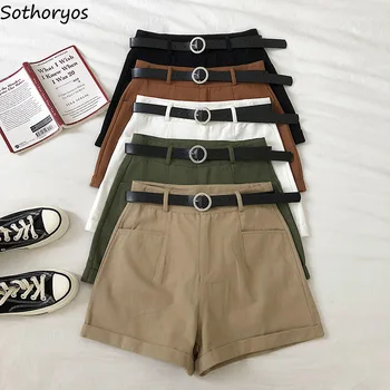 

Shorts Women Summer Sashes Crimping Solid Vintage Students Casual Wide-leg Simple Pockets Elegant Ladies Ulzzang Streetwear New