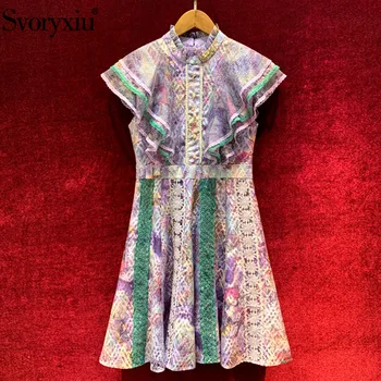 

Svoryxiu Fashion Designer Summer Dresses Women's Short Sleeve Mesh Ruffles Beaded Embroidery Print Vintage Short Dress Vestdios