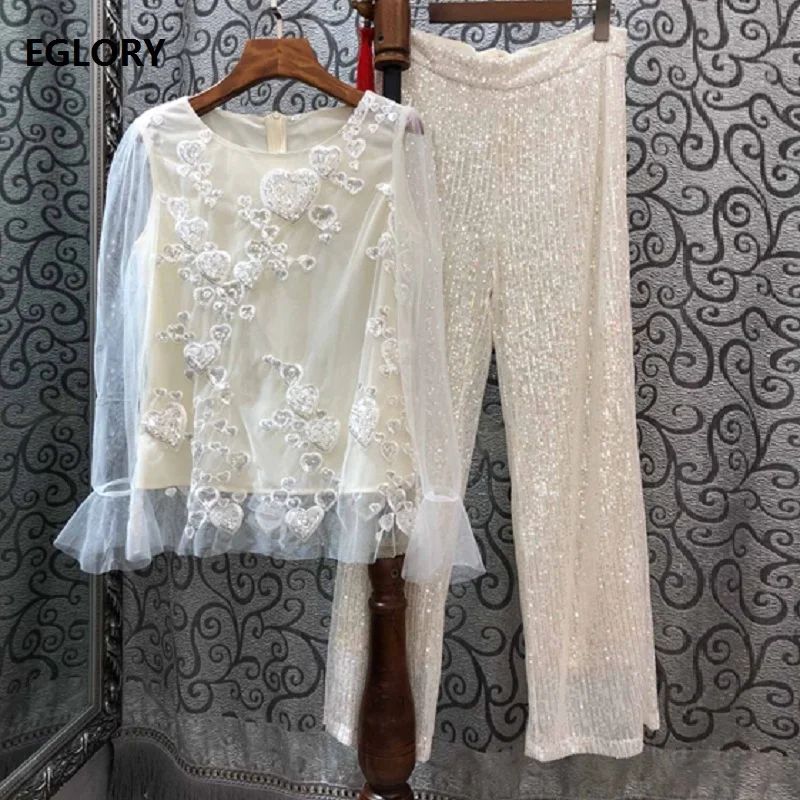 

High Quality Designer Clothing Sets 2019 Autumn Party Club Women Sweetheart Sequined Mesh Tops +Straight Sequined Pant Sets 2pc