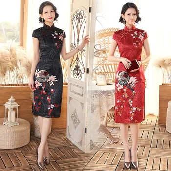 

New Chinese Style Women Cheongsam Summer Rayon Daily Dress Printed Vintage Handmade Button Stage Show Qipao Plus Size M-3X