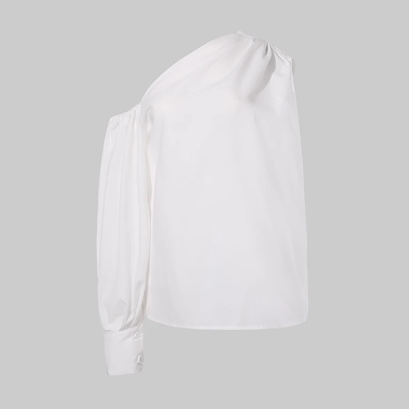 Модные женские сексуальные топы с открытыми плечами Celmia, Женская Асимметричная блуза с рукавом-фонариком, повседневные однотонные офисные рубашки - Цвет: Белый