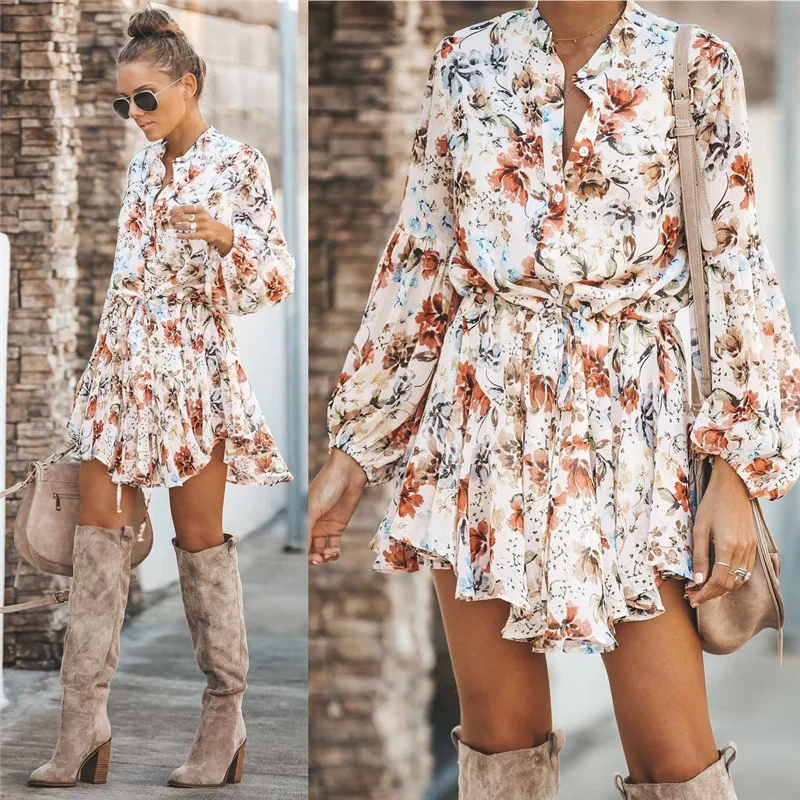 

Autumn-Printed Suit Collar Lace-up Button Dress