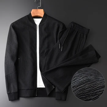 

New Male Jacket Stand Collar Wrinkle Fabric Trendy Comfort 2-piece Jacket Men Hight Quality Solid Color Slim Fit Jackets Man