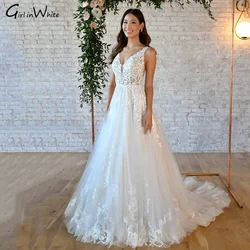 Luxury Lace Tank Sleeve A-line Wedding Dress V Neck Modern Bridal Gowns Backless Dress For Bride To Be Robe De Mariée